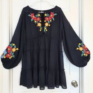 Free People Spell On You Black Floral Embroidered Long Sleeve Mini Dress PS
